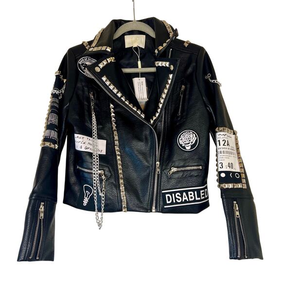 Womens Soft Faux Leather Jacket with Rivets, Beaded, Chains